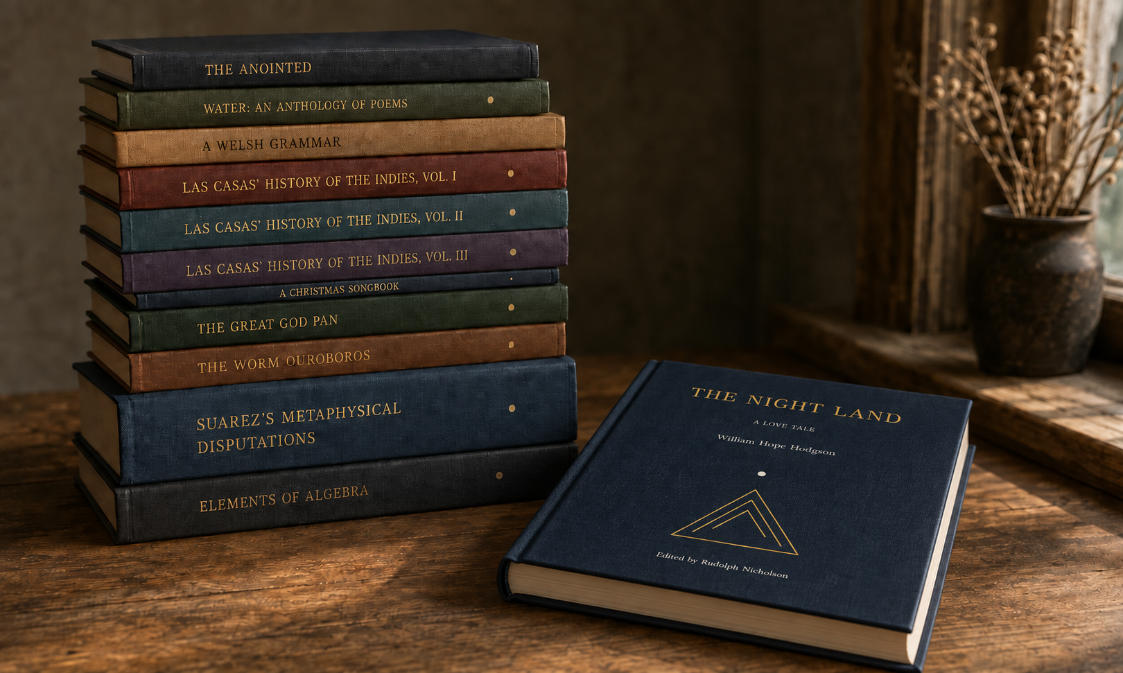A photorealistic stack of forthcoming books from The Rekindled Library with an open copy of The Night Land on the table.